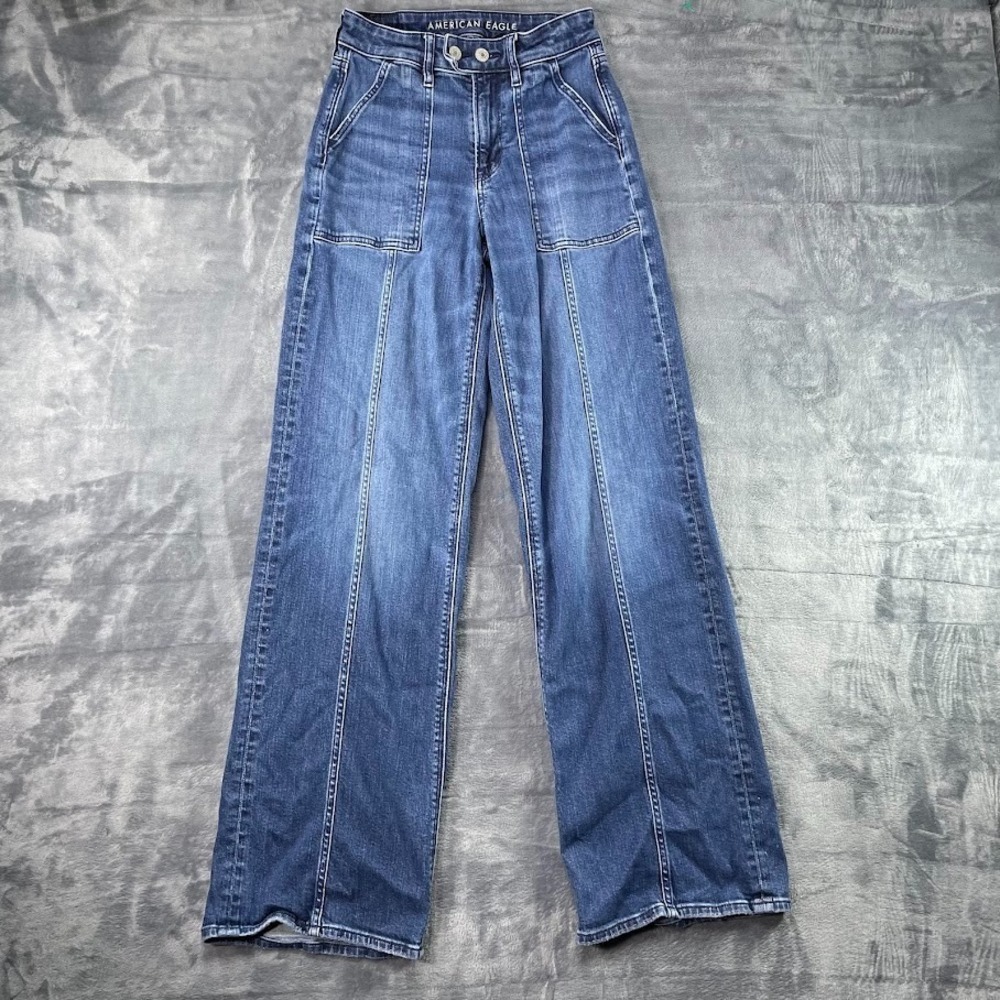 American Eagle‎ Super High Rise Baggy Wide Leg Jeans Dark Wash Womens 0 Long